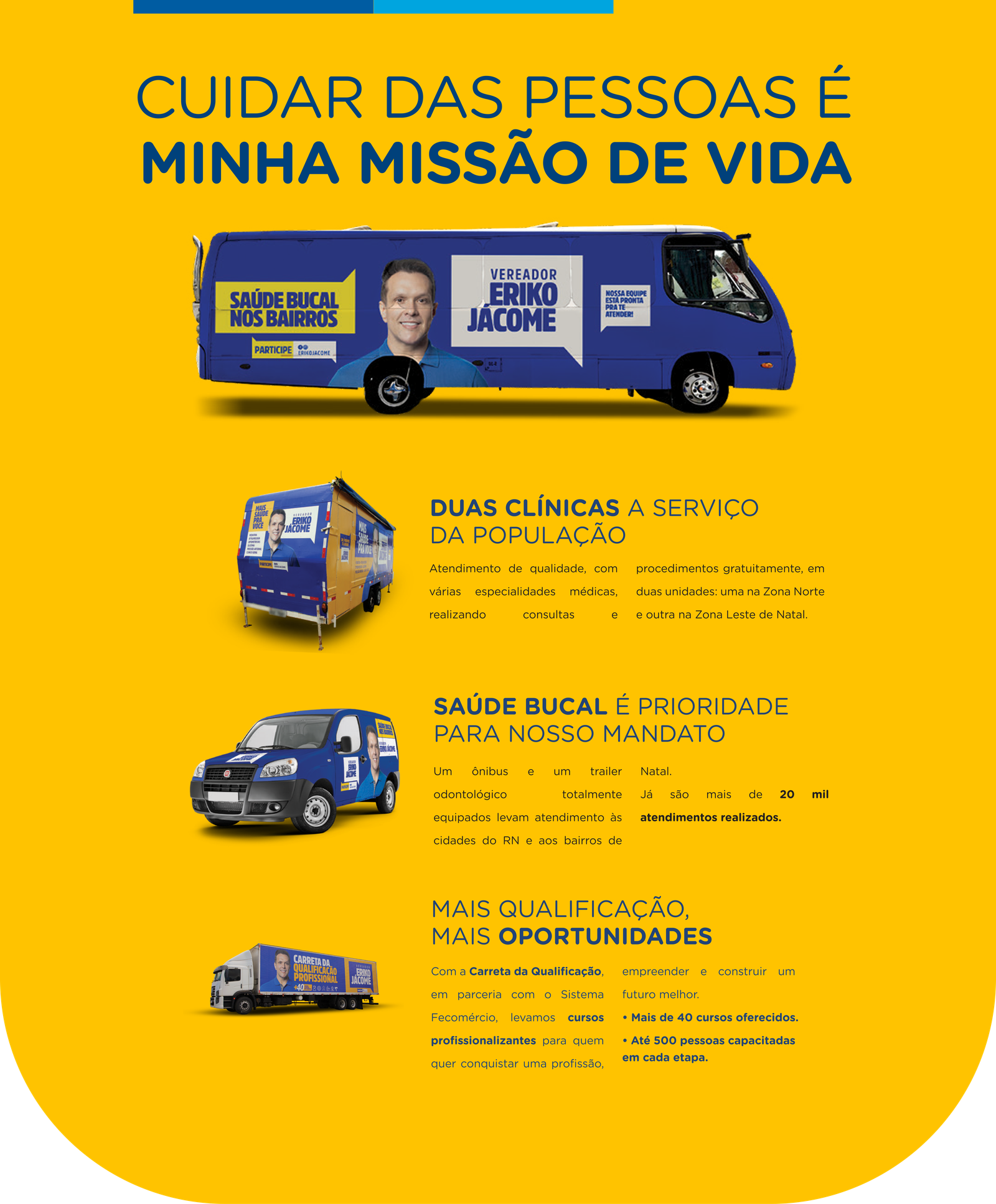 Cuidar das pessoas é minha missão de vida. Duas clínicas a serviço da população: atendimento de qualidade, com várias especialidades médicas, realizando consultas e procedimentos gratuitamente, em duas unidades, uma na Zona Norte e outra na Zona Leste de Natal. Saúde bucal é prioridade para nosso mandato: um ônibus e um trailer odontológico totalmente equipados levam atendimento às cidades do RN e aos bairros de Natal, já são mais de 20 mil atendimentos realizados. Mais qualificação, mais oportunidades: com a Carreta da Qualificação, em parceria com o Sistema Fecomércio, levamos cursos profissionalizantes para quem quer conquistar uma profissão, empreender e construir um futuro melhor — mais de 40 cursos oferecidos, até 500 pessoas capacitadas em cada etapa.
